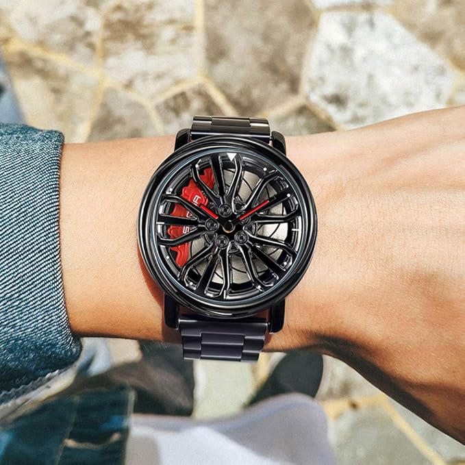 GORBEN Men's Creative 3D Car Wheel Rotating Wrist Watch